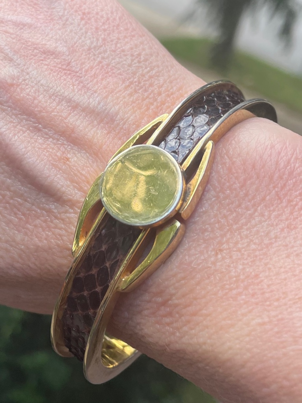 Vintage Snakeskin Gold Hinged Clamper Bangle Reptile Bracelet 80's Boho Chic
